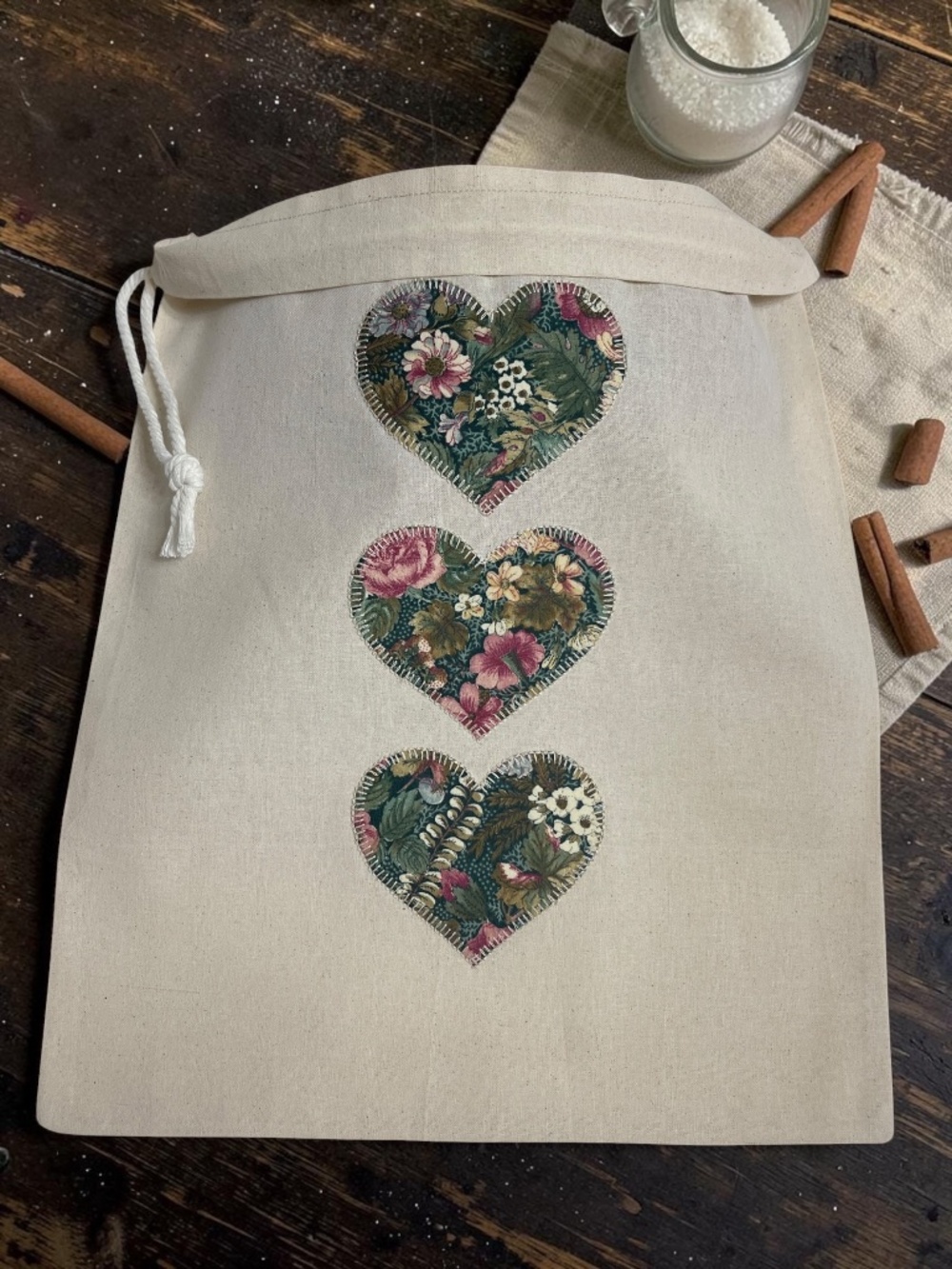 Floral Rose Heart Bread Bag, Handmade Muslin Cotton Bread Bag, Reusable